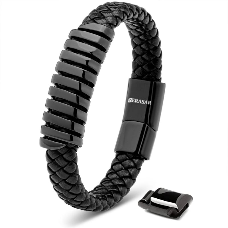 SERASAR Prime Lederen Armband Heren [Helix] - Zwart 17 m - Beste Cadeau voor Hem