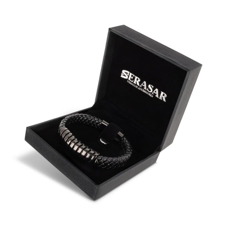 SERASAR Prime Lederen Armband Heren [Helix] - Zwart 23cm - Beste Cadeau voor Hem