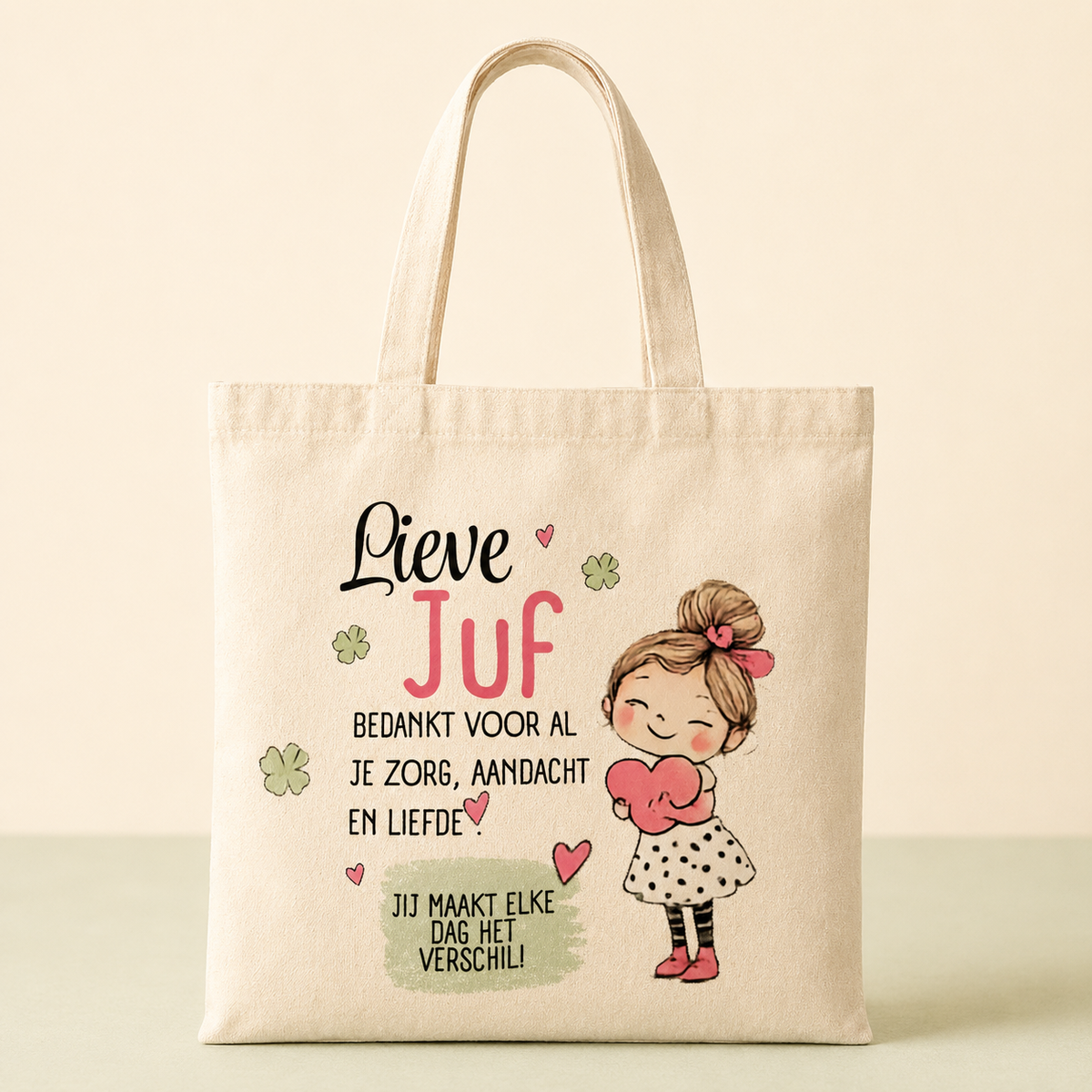 Lieve Juf katoenen tas – Bedankt voor je zorg, aandacht en liefde