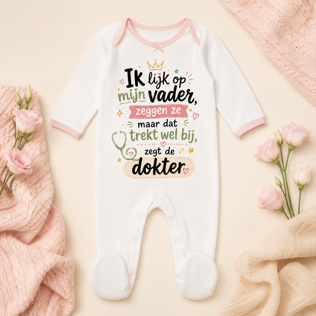 Ik lijk op mijn vader PNG roze | Dat trekt wel bij zegt de dokter | Grappige babytekst | Romper ontwerp | Digitale download